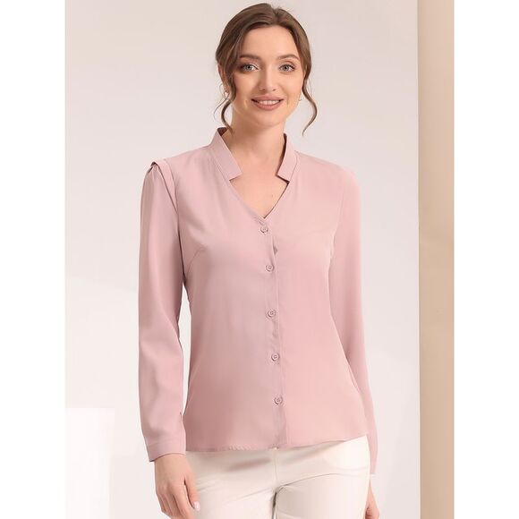Blouse Button Up Long Sleeve V Neck Chiffon Shirt Grey Pink - Picture 2 of 5